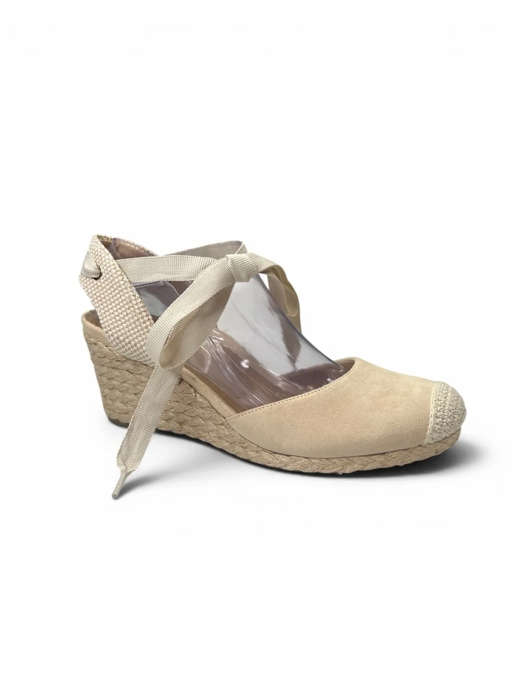 Vionic Espadrille Wedges Size 8.5 Ribbon Ankle Wrap Maris Cream Suede Closed Toe